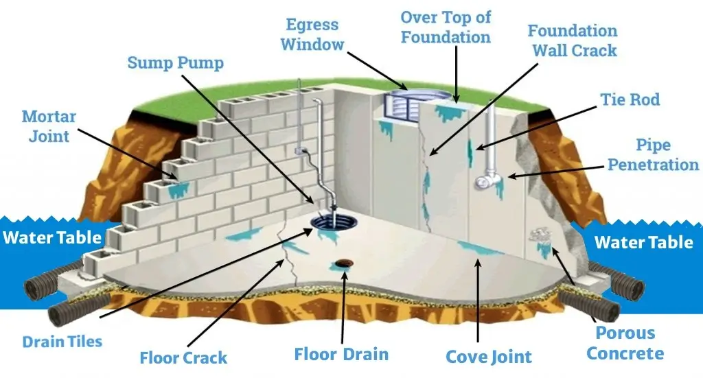 Cutaway diagram of common basement leak paths, including wall cracks, mortar joints, cove joints, floor cracks, pipe penetrations, and the water table around the foundation.